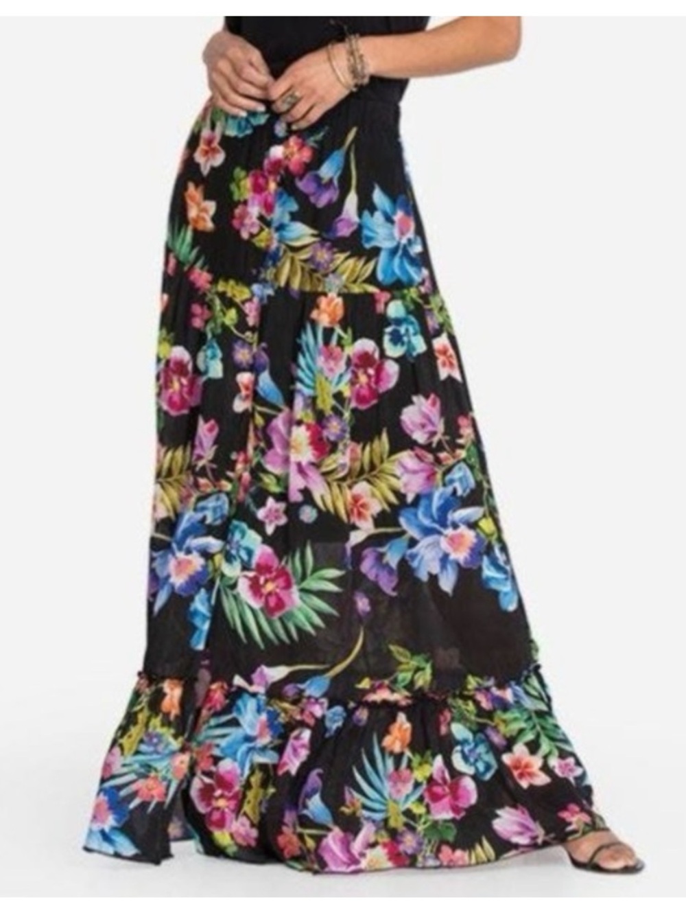 Johnny Was Black Floral Tiered Maxi Skirt with Multicolor Tropical Print